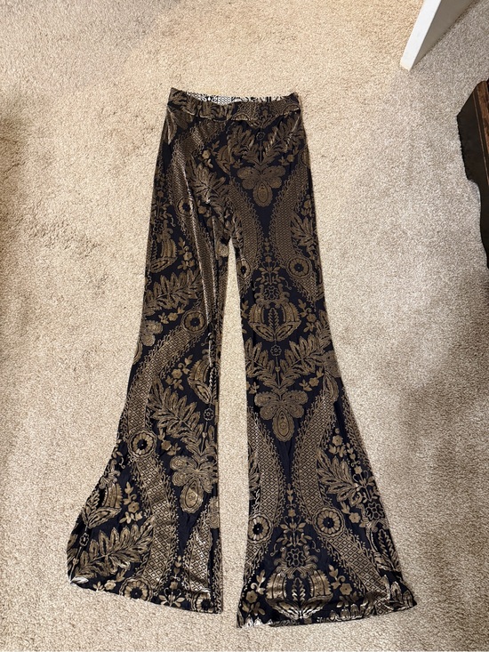 12th Tribe Pants - 12th tribe Women's Black & Gold Patterned Flared Pants velvet material